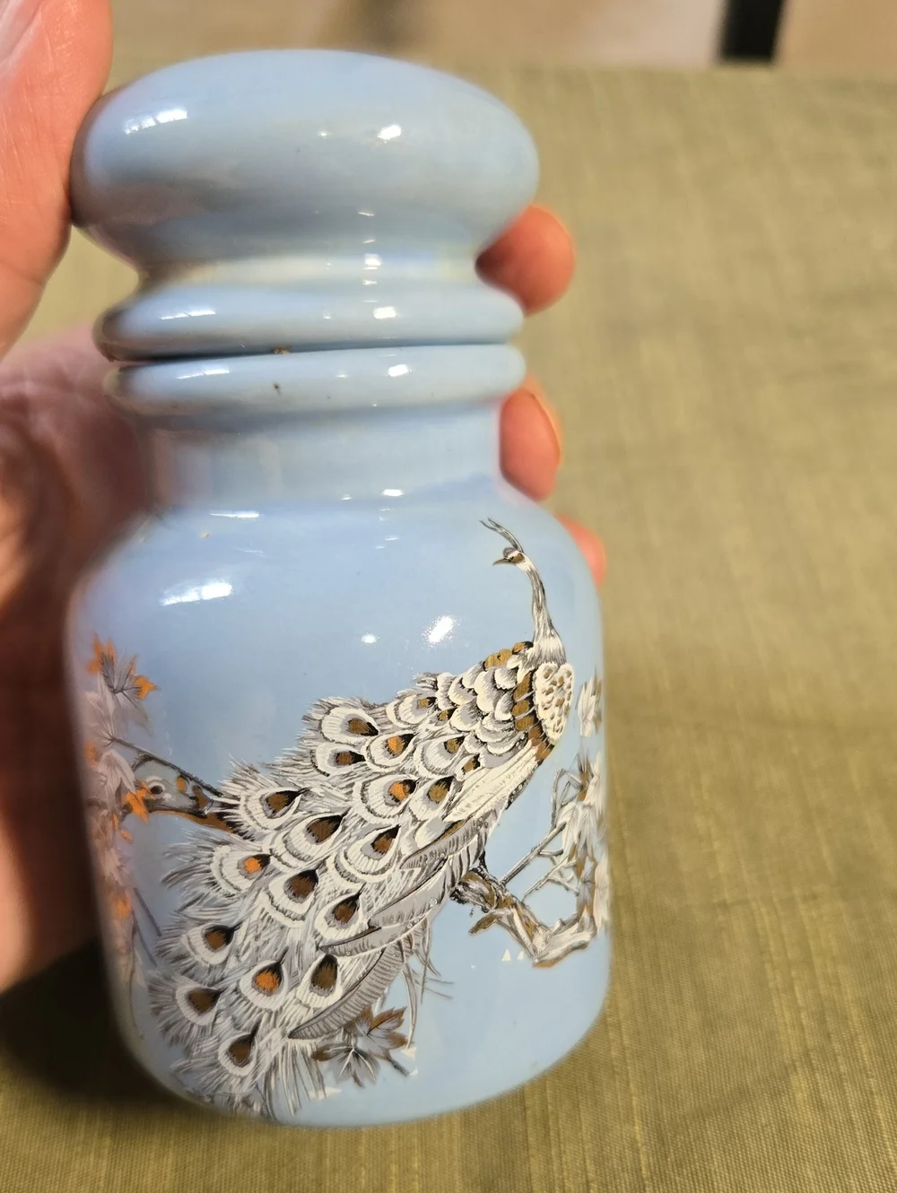 Blue Ceramic Vase with Hand-Painted Peacock